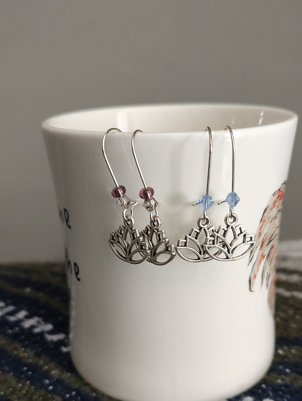 Sterling Lotus Charm Dangle Earrings - Silver with Blue or Purple Beads 2 Pair
